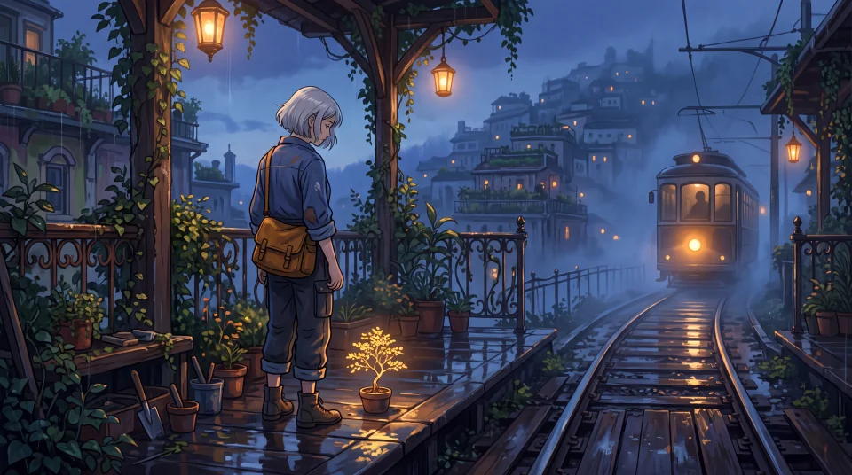 Isang adultong hardinerong may silver na buhok ang naghihintay sa tabi ng munting kumikinang na puno habang papalapit ang tram sa malabong platform sa burol sa blue hour.