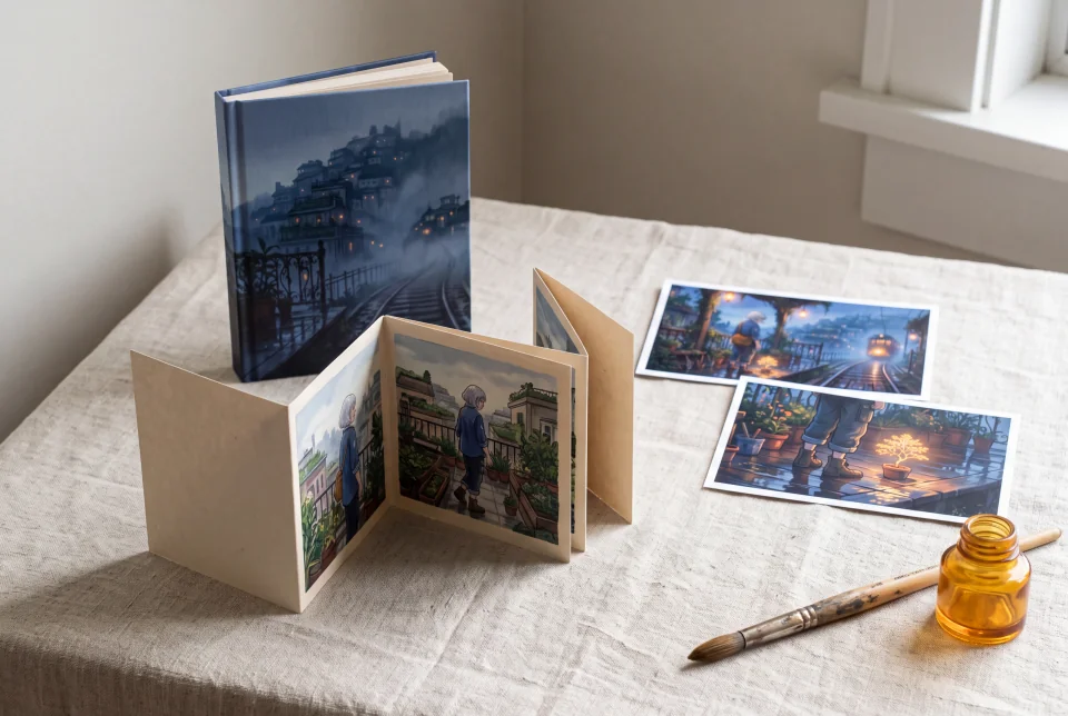 A fictional cinematic anime book, folded zine and illustrated postcards form a coordinated set of different designs from the Last tram to the cloud garden world.