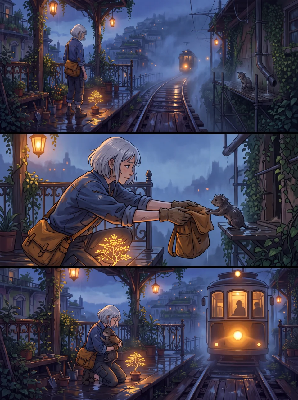 A static cinematic anime dramatic triptych showing the silver-haired tram gardener through an establishing scene, a close emotional moment and a reunion.
