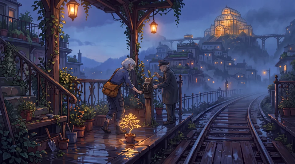 A cinematic anime adventure-world concept with the silver-haired tram gardener, an explorable route and a distant landmark in the hillside tram city.