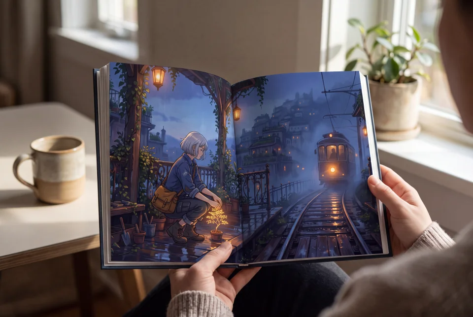 A fictional adult holds an open illustrated book featuring the silver-haired tram gardener in the cinematic anime style, beside a softly lit window.