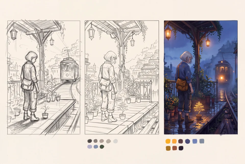 A concept sheet for the silver-haired tram gardener showing a loose thumbnail, clean line drawing and a finished cinematic anime scene of the same composition.