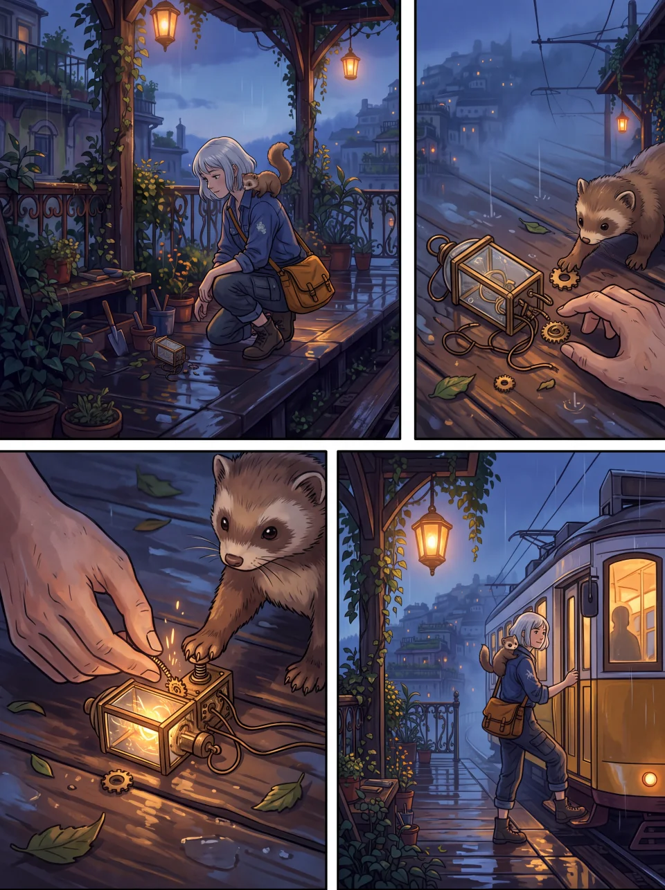Isang orihinal na cinematic anime comic page na sumusubaybay sa silver-haired tram gardener sa isang maliit na kabutihan, may magkakahiwalay na panel at malinaw na gutters.