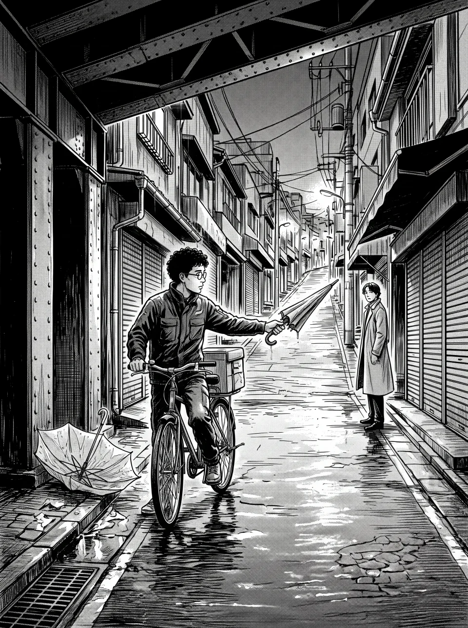 Isang kulot ang buhok na bicycle courier ang umaabot ng naligaw na payong sa matarik at basang shopping street, iginuhit sa itim na tinta at screentone.