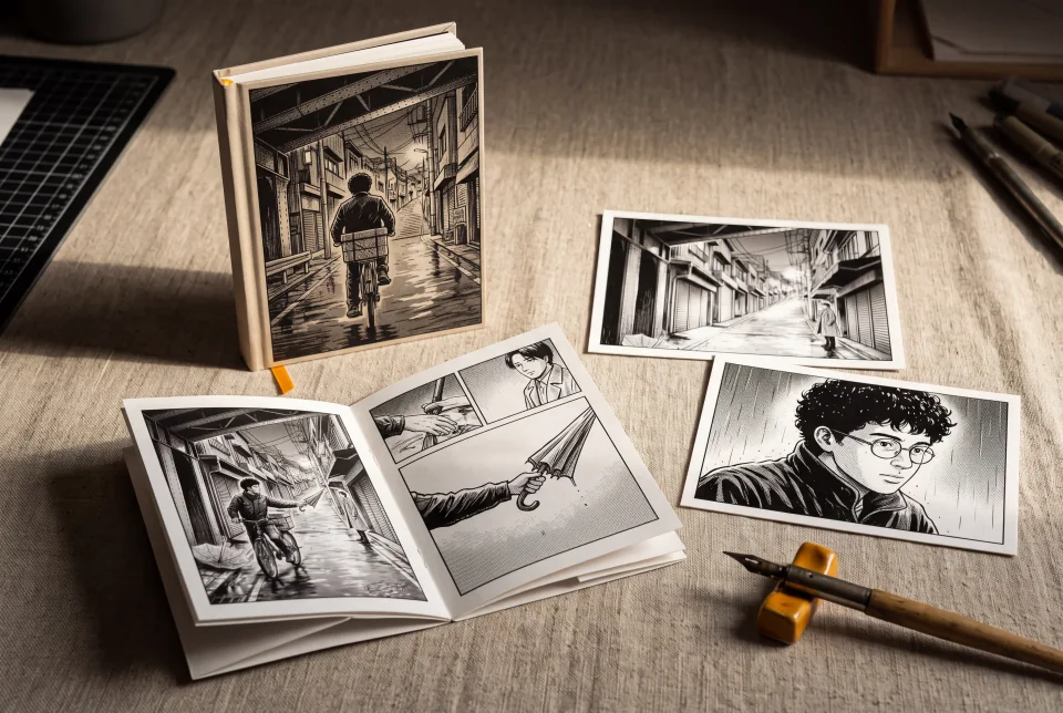 Isang kathang-isip na ink manga book, folded zine, at mga postcard na may ilustrasyon ang bumubuo ng pinagsamang set ng iba’t ibang disenyo mula sa mundong The midnight bicycle courier.