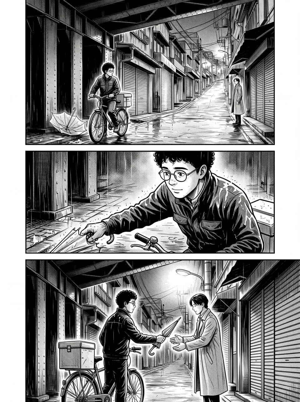 Isang static na ink manga dramatic triptych na nagpapakita sa bicycle courier sa isang establishing scene, close emotional moment, at reunion.