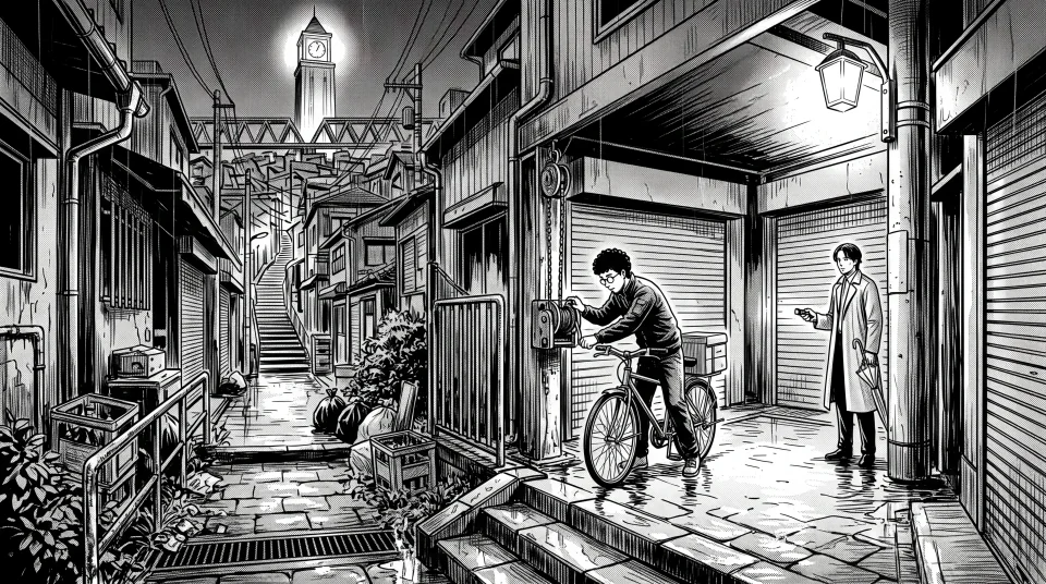 Isang ink manga na konseptong adventure-world, tampok ang bicycle courier, may rutang puwedeng galugarin at malayong landmark sa midnight shopping street.