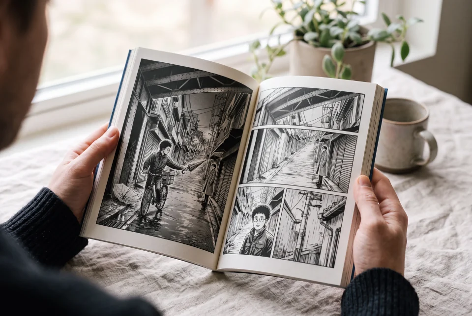 May hawak na nakabukas na illustrated book ang isang kathang-isip na adulto, na nagtatampok sa bicycle courier sa ink manga style, sa tabi ng banayad na nasisinag na bintana.