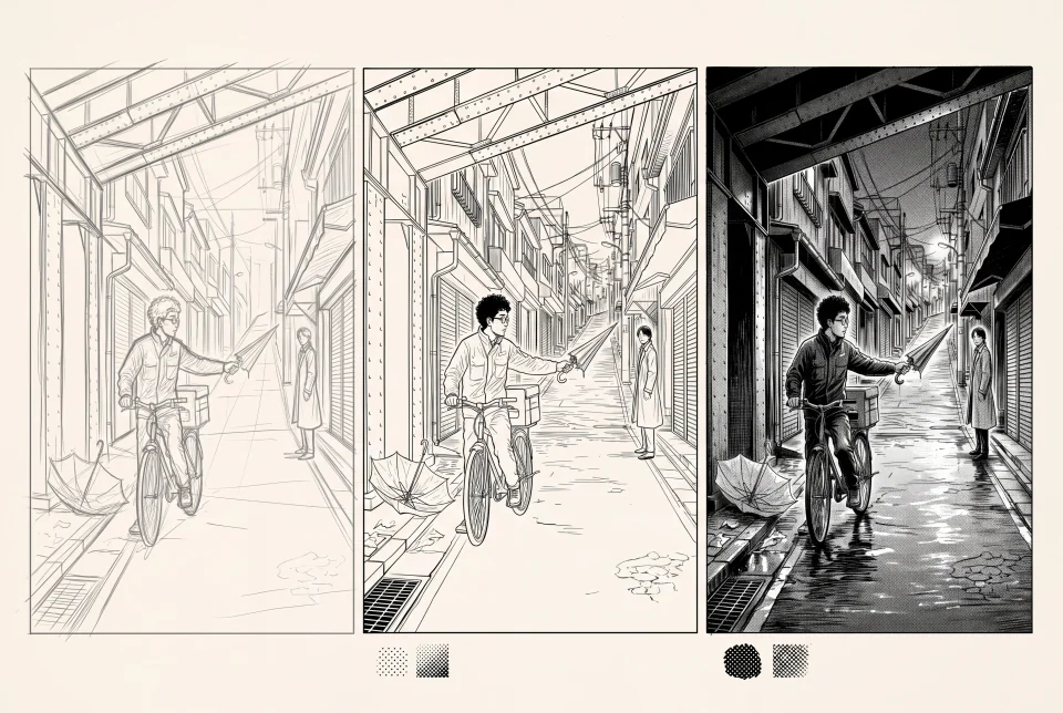 Isang concept sheet para sa bicycle courier na nagpapakita ng loose thumbnail, malinis na line drawing, at tapos na ink manga scene ng iisang komposisyon.