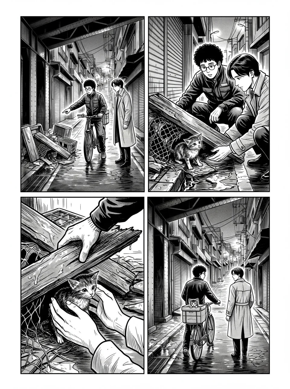 Isang orihinal na ink manga comic page na sumusubaybay sa bicycle courier sa isang maliit na kabutihan, may magkakahiwalay na panel at malinaw na gutters.