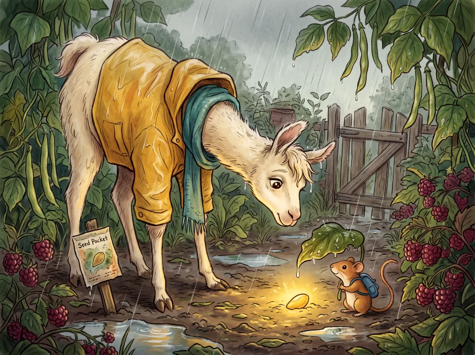 Isang cream llama na may mustard raincoat at isang dormouse na sumisilong sa kumikislap na binhi sa harding basang-basa sa ulan, iginuhit gamit ang colored pencil at watercolor.