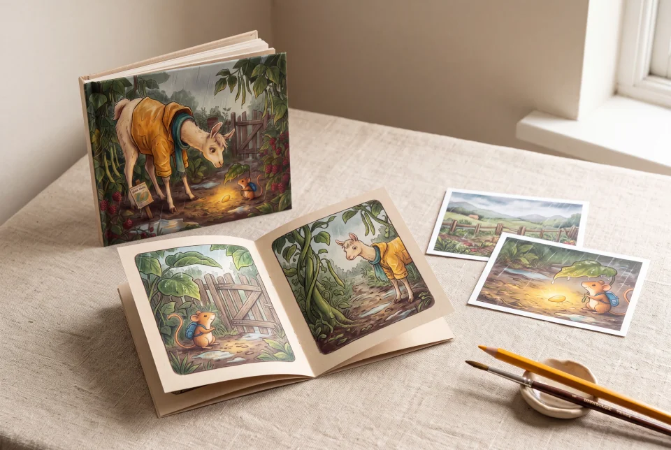 Isang kathang-isip na picturebook mula sa dekada 1990, folded zine, at mga postcard na may ilustrasyon ang bumubuo ng pinagsamang set ng iba’t ibang disenyo mula sa mundong The lost sunseed.