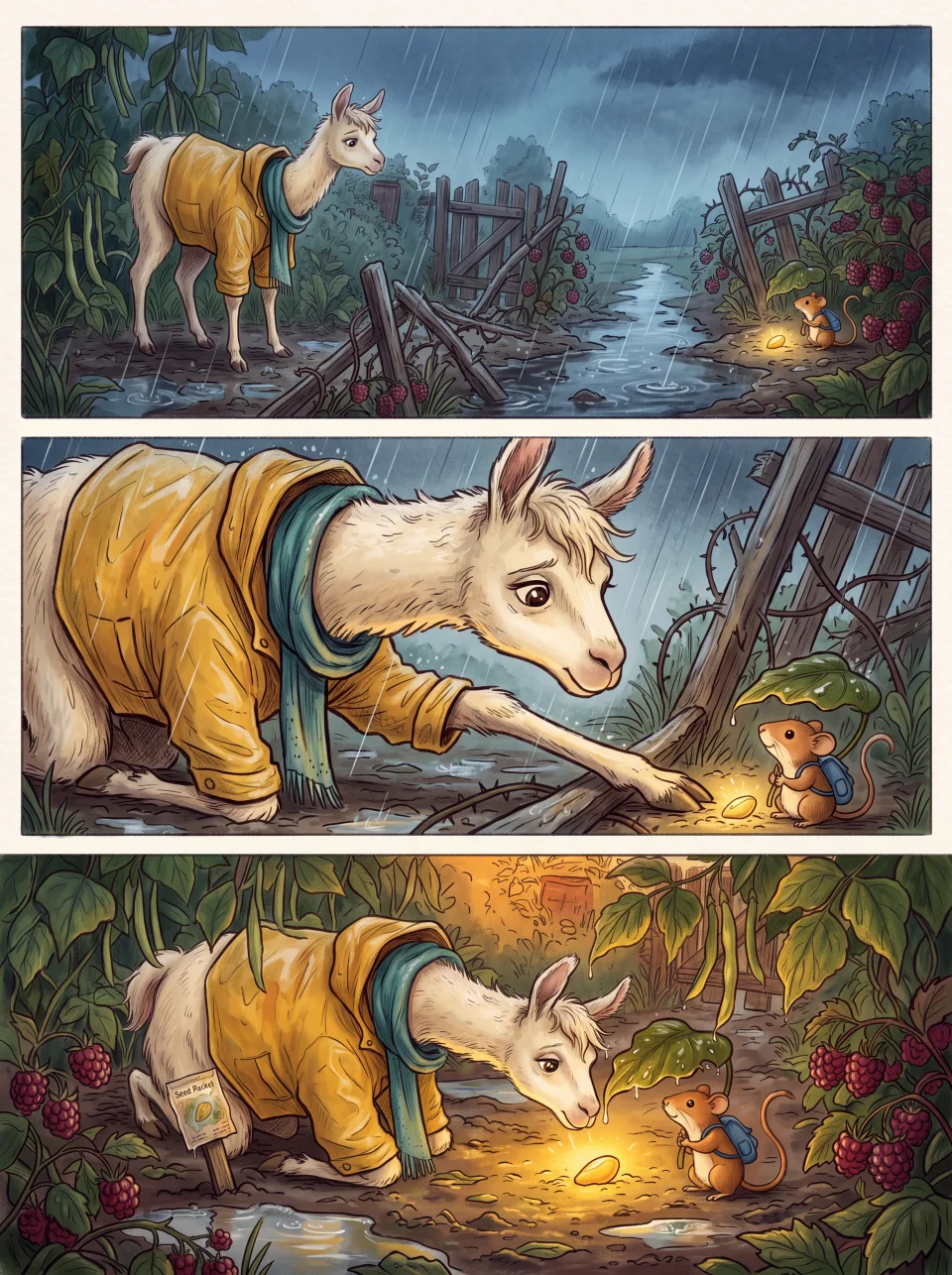 Isang static na 1990s picturebook dramatic triptych na nagpapakita sa raincoat llama at dormouse sa isang establishing scene, close emotional moment, at reunion.