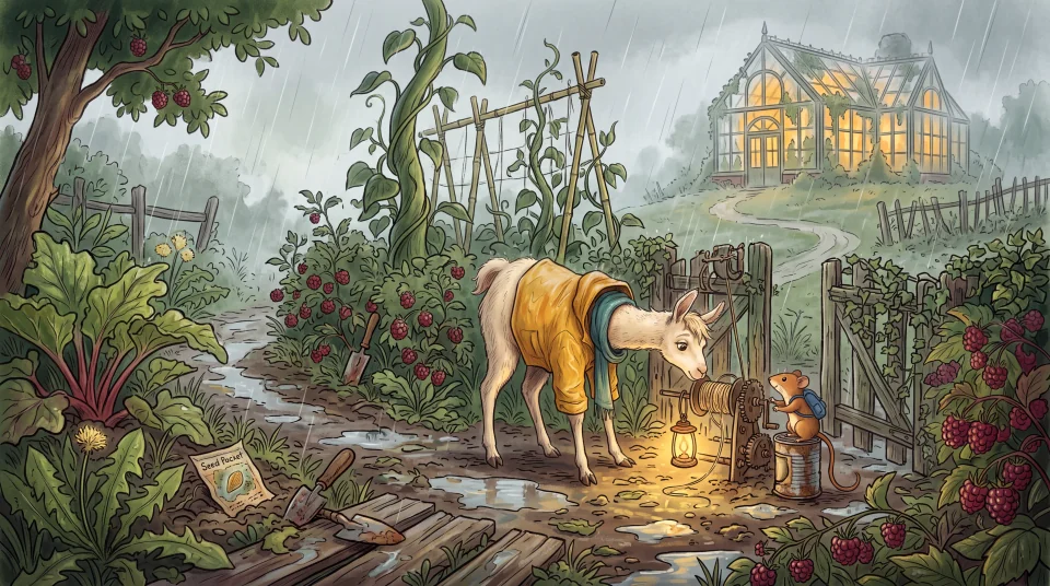 Isang konseptong adventure-world na parang picturebook ng 1990s, tampok ang raincoat llama at dormouse, may rutang puwedeng galugarin at malayong landmark sa maulang hardin.