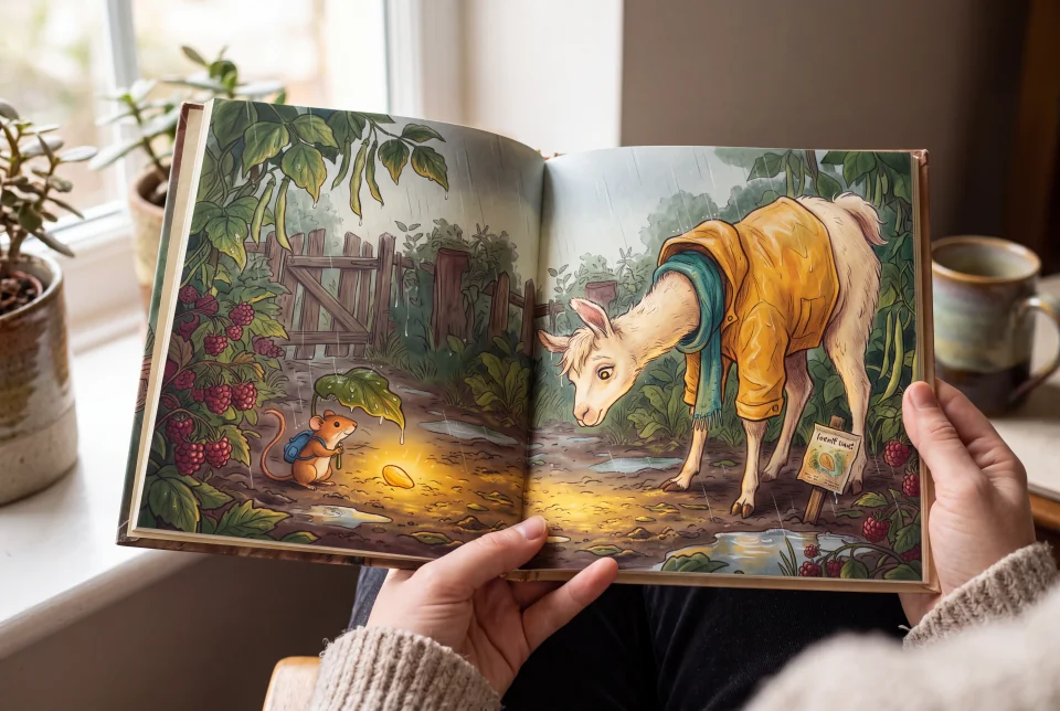 May hawak na nakabukas na illustrated book ang isang kathang-isip na adulto, na nagtatampok sa raincoat llama at dormouse sa 1990s picturebook style, sa tabi ng banayad na nasisinag na bintana.