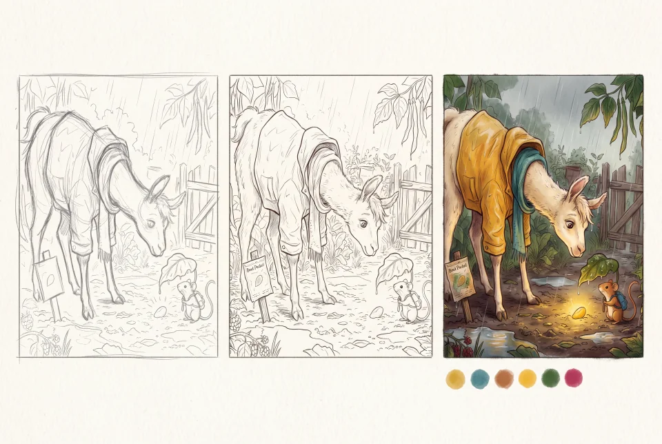 Isang concept sheet para sa raincoat llama at dormouse na nagpapakita ng loose thumbnail, malinis na line drawing, at tapos na 1990s picturebook scene ng iisang komposisyon.