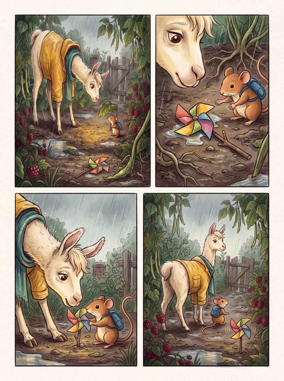 Isang orihinal na 1990s picturebook comic page na sumusubaybay sa raincoat llama at dormouse sa isang maliit na kabutihan, may magkakahiwalay na panel at malinaw na gutters.