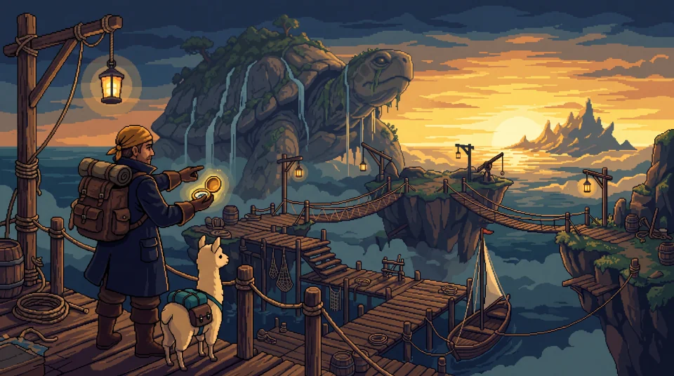 A cartographer and llama overlook rope bridges and a turtle-shaped island in an amber-lit pixel-art harbor.