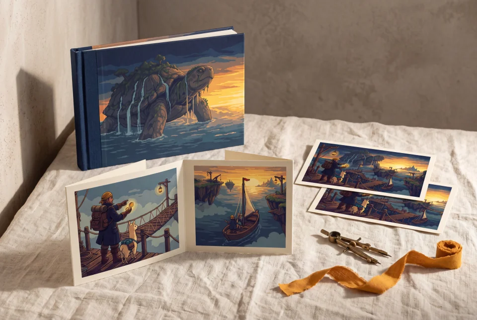 A fictional pixel game art book, folded zine and illustrated postcards form a coordinated set of different designs from the Amberwind archipelago world.