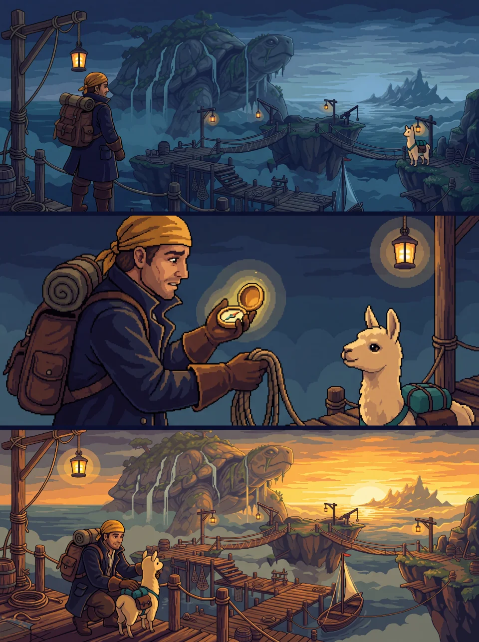 A static pixel game art dramatic triptych showing the cartographer and llama deckhand through an establishing scene, a close emotional moment and a reunion.