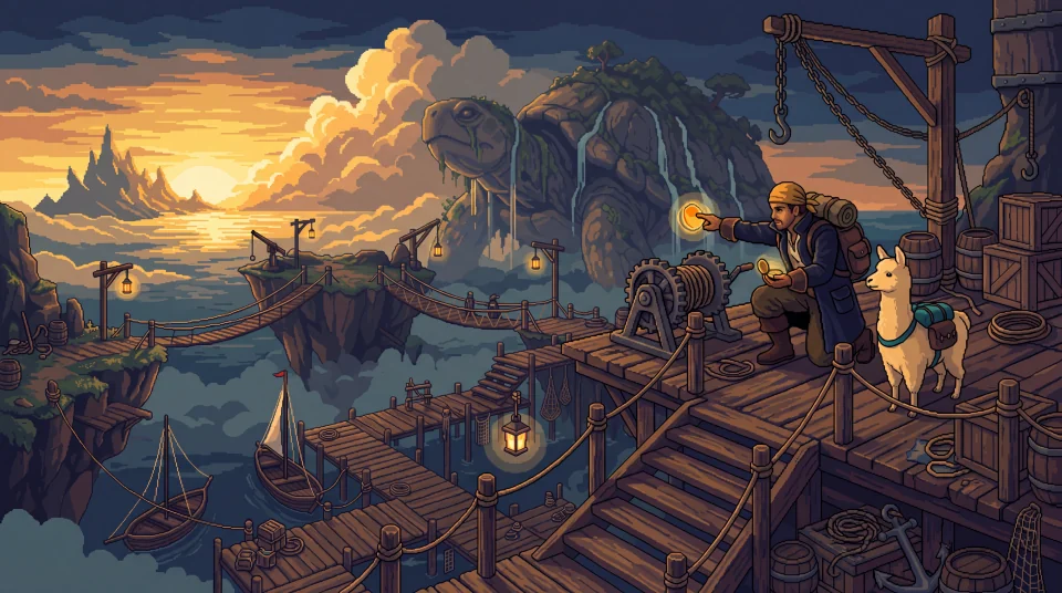 A pixel game art adventure-world concept with the cartographer and llama deckhand, an explorable route and a distant landmark in the floating-island harbor.