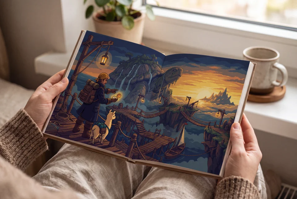 A fictional adult holds an open illustrated book featuring the cartographer and llama deckhand in the pixel game art style, beside a softly lit window.