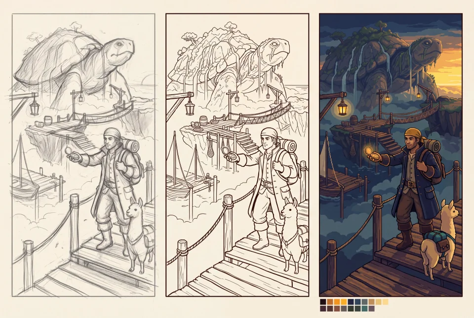 A concept sheet for the cartographer and llama deckhand showing a loose thumbnail, clean line drawing and a finished pixel game art scene of the same composition.