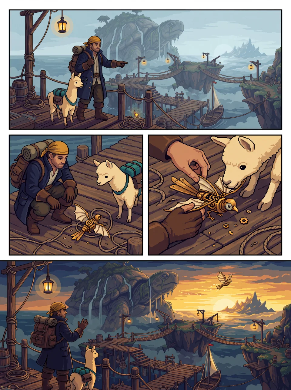 An original pixel game art comic page following the cartographer and llama deckhand through a small act of kindness, with separate panels and visible gutters.