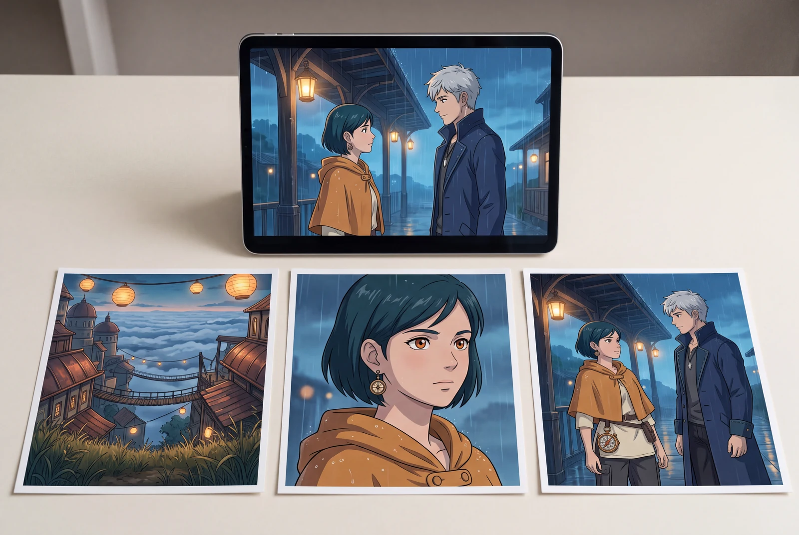 A tablet and three matching printed anime-drama stills present a coordinated original-character reunion sequence.