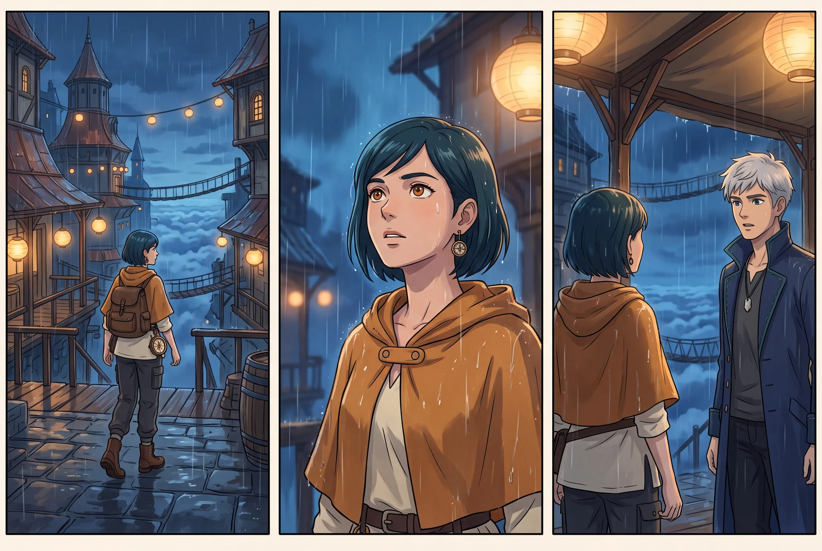 Three matching anime-drama stills progress from a harbor walkway approach to a character close-up and a reunion two-shot.