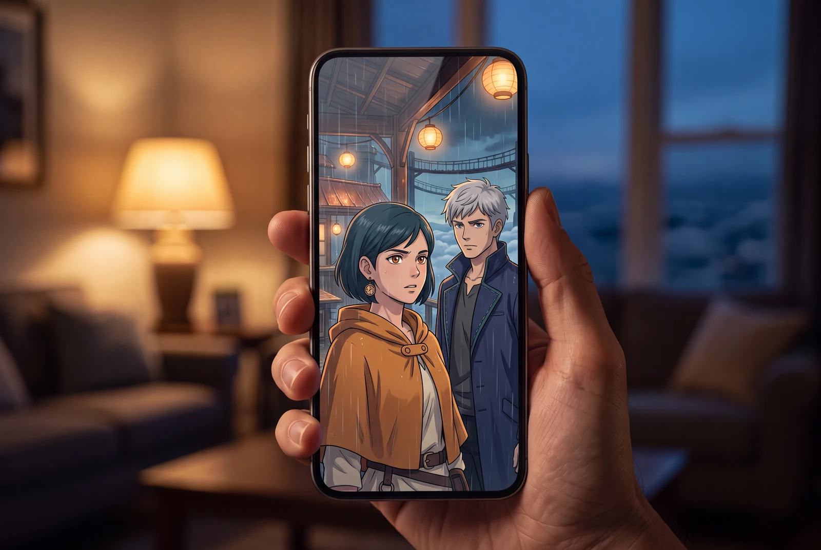 An adult holds a phone displaying a vertical original-character anime-drama still at blue hour.