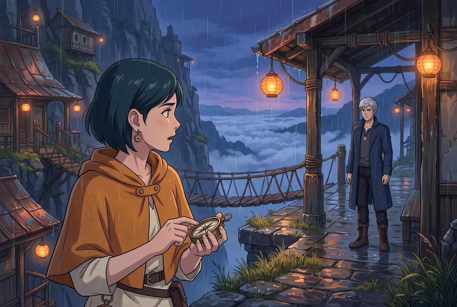 Mira and her silver-haired companion reunite along a lantern-lit harbor walkway in an original anime-drama still concept.