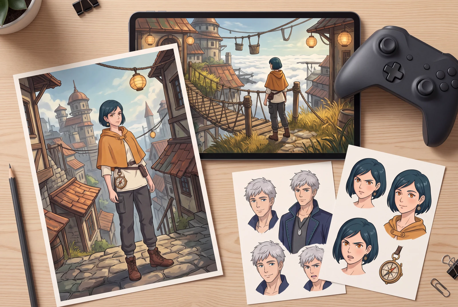 A tablet game-world concept, character illustration and matching reference cards form a coordinated original-character presentation.