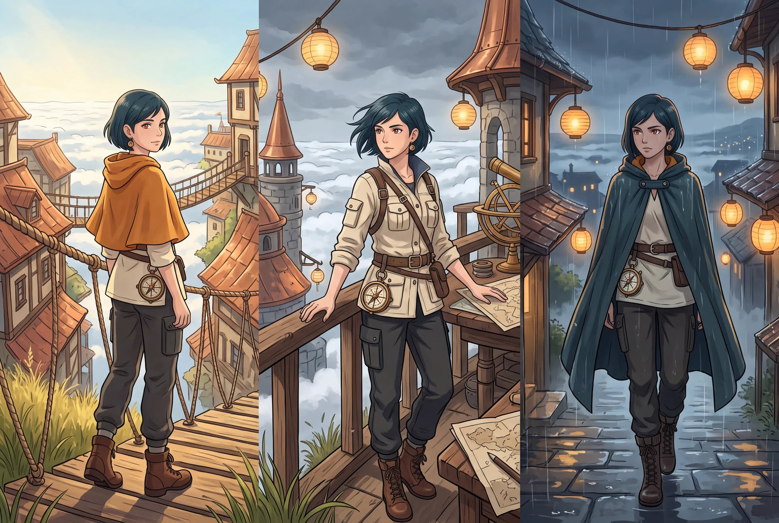 Three game-world illustrations show the same adult original character in distinct explorer, cartographer and rain outfits.