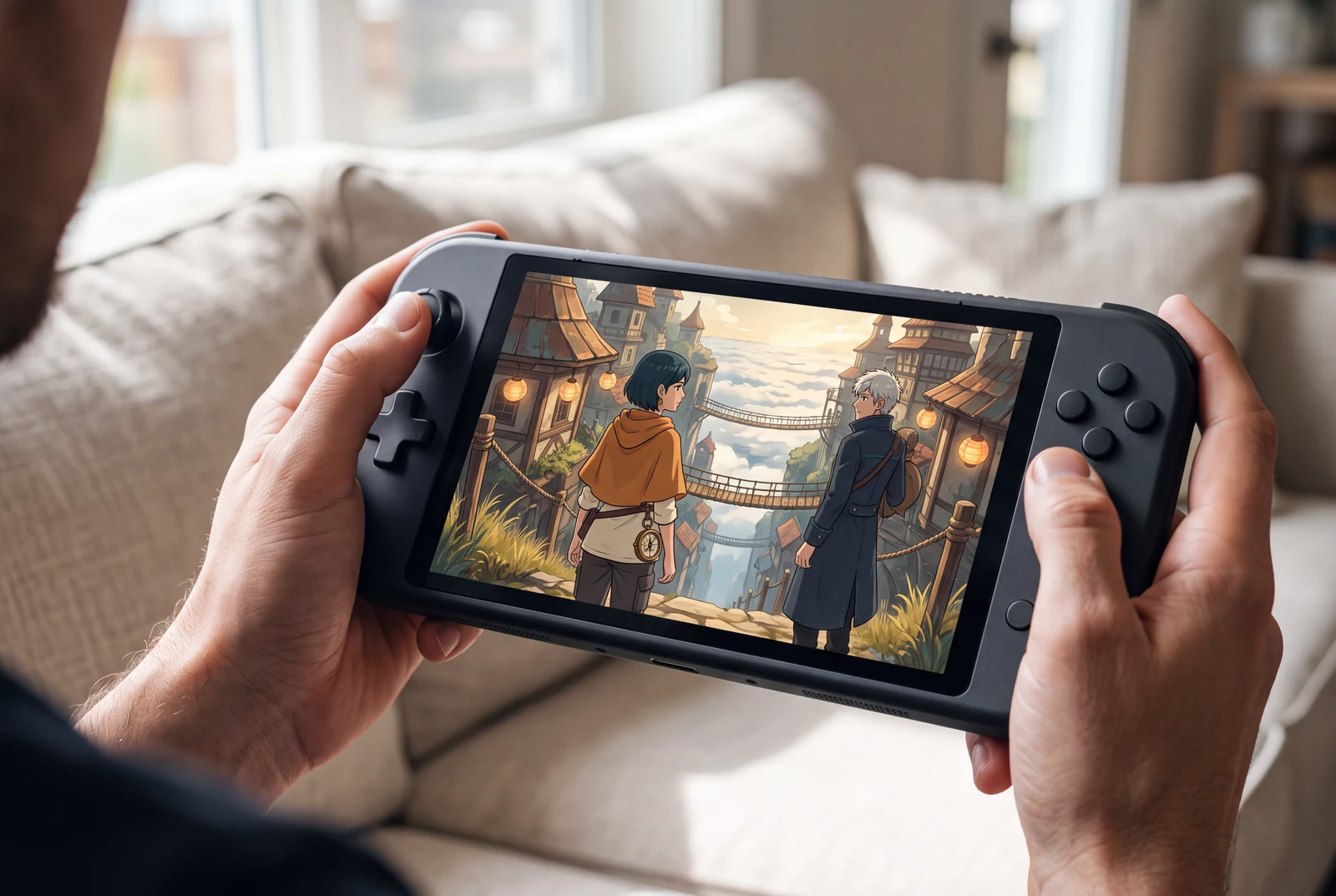Adult hands hold an unbranded handheld device displaying the original explorer in a cloud-city game scene concept.