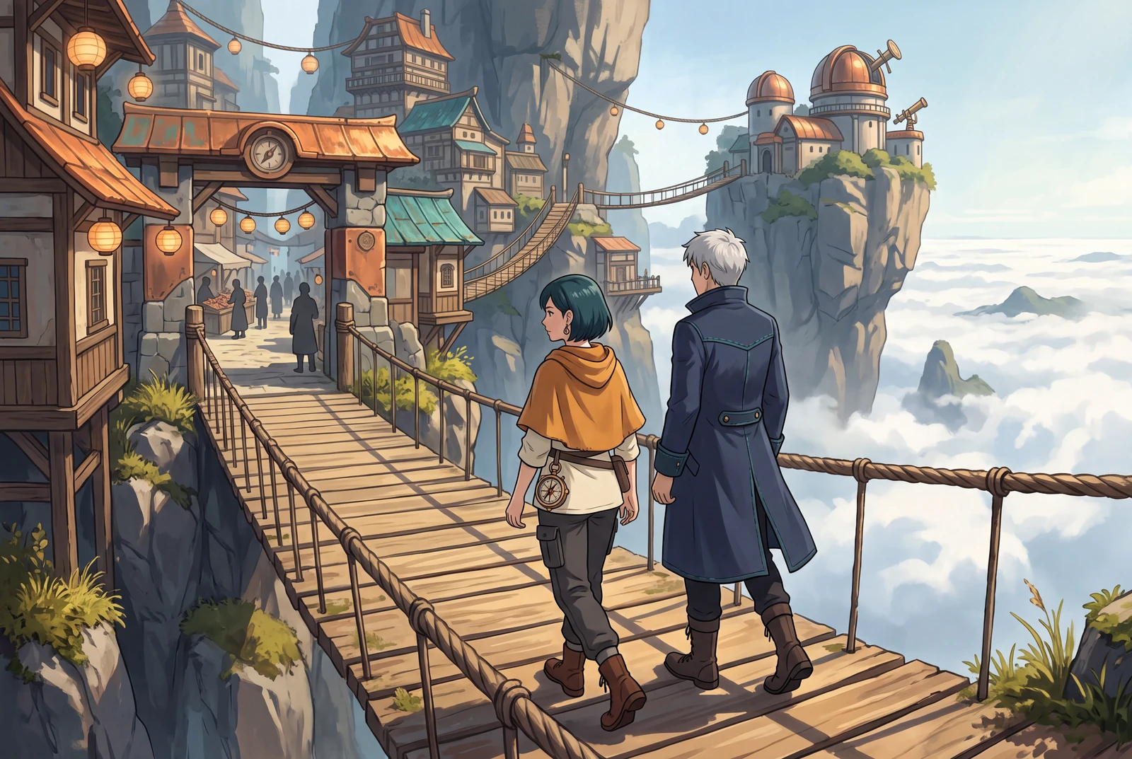 An original teal-haired explorer in an amber cloak crosses a bridge inside a finished anime adventure-world concept.