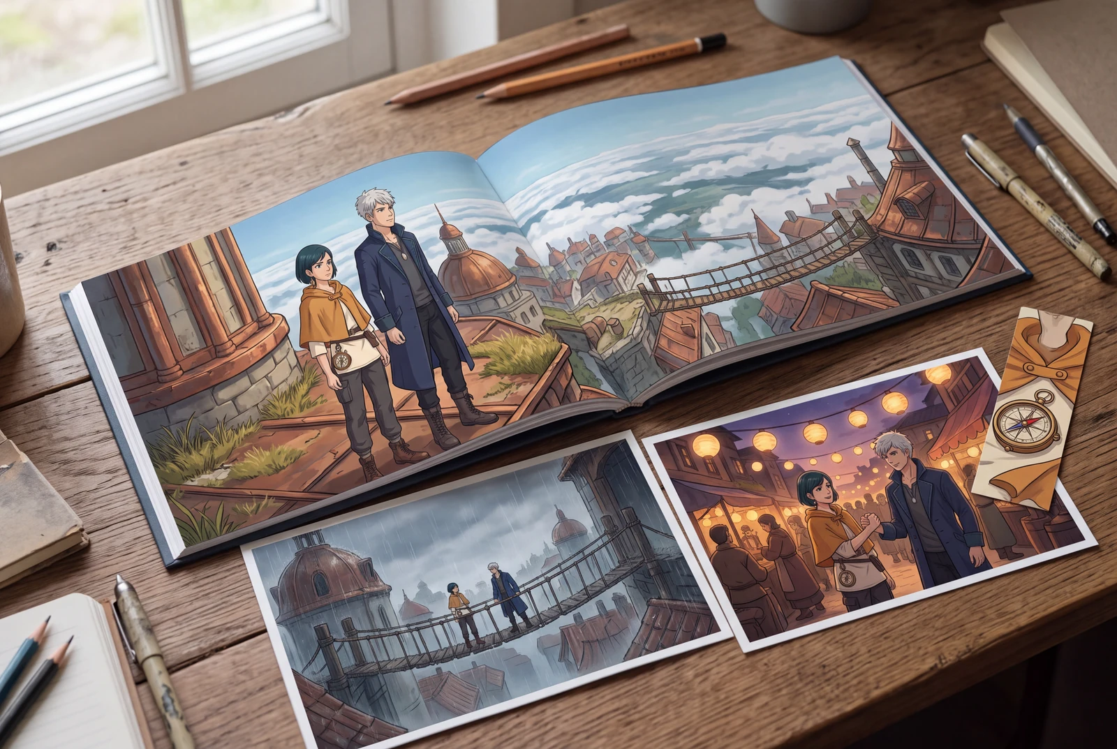 An illustrated storybook spread, two scene prints and a compass bookmark share the same original adult cast.