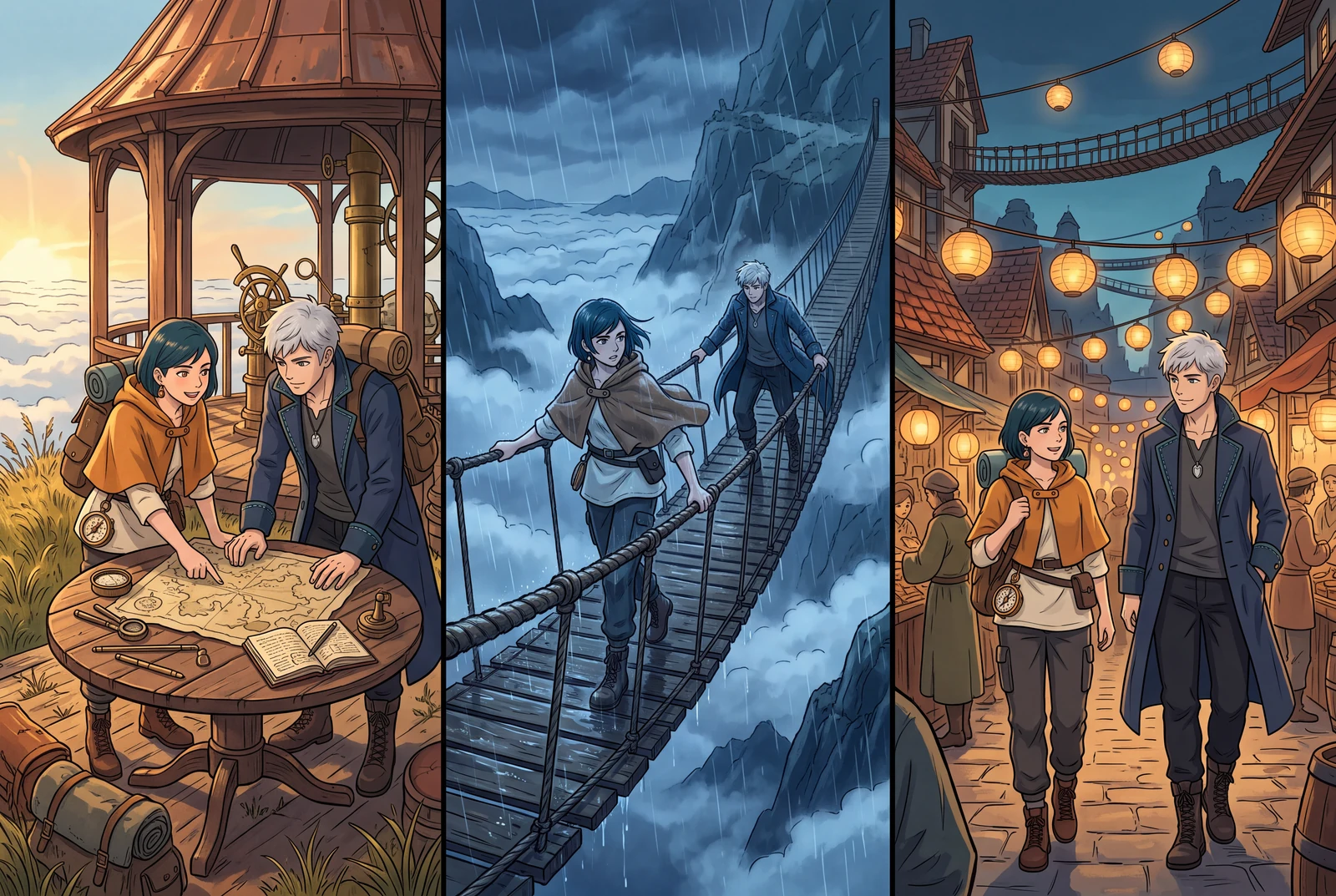 The same original adult cast appears in sunrise planning, a rainy bridge crossing and a lantern-market reunion.