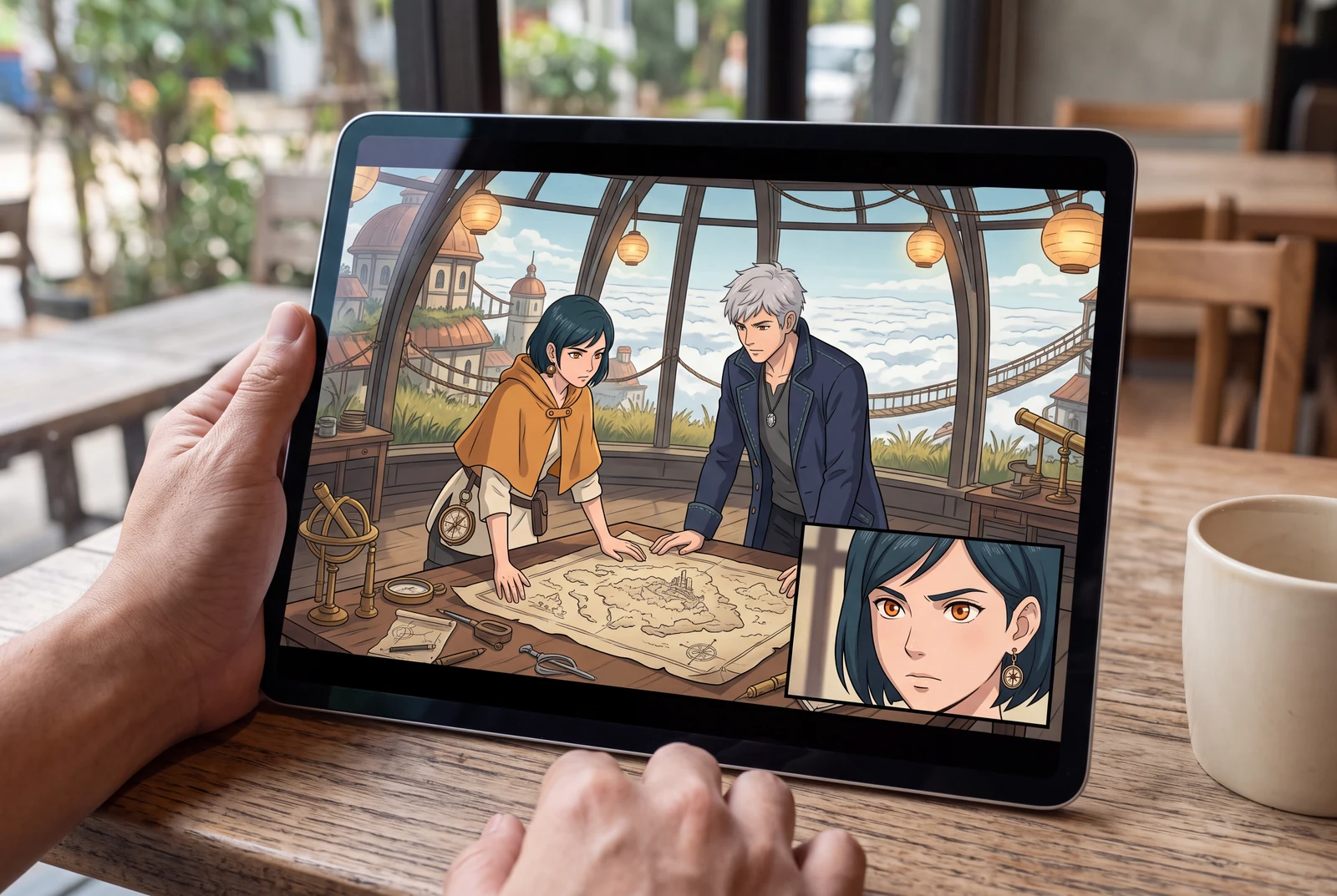 An adult reads a two-panel original-character story illustration on a tablet at a cafe table.