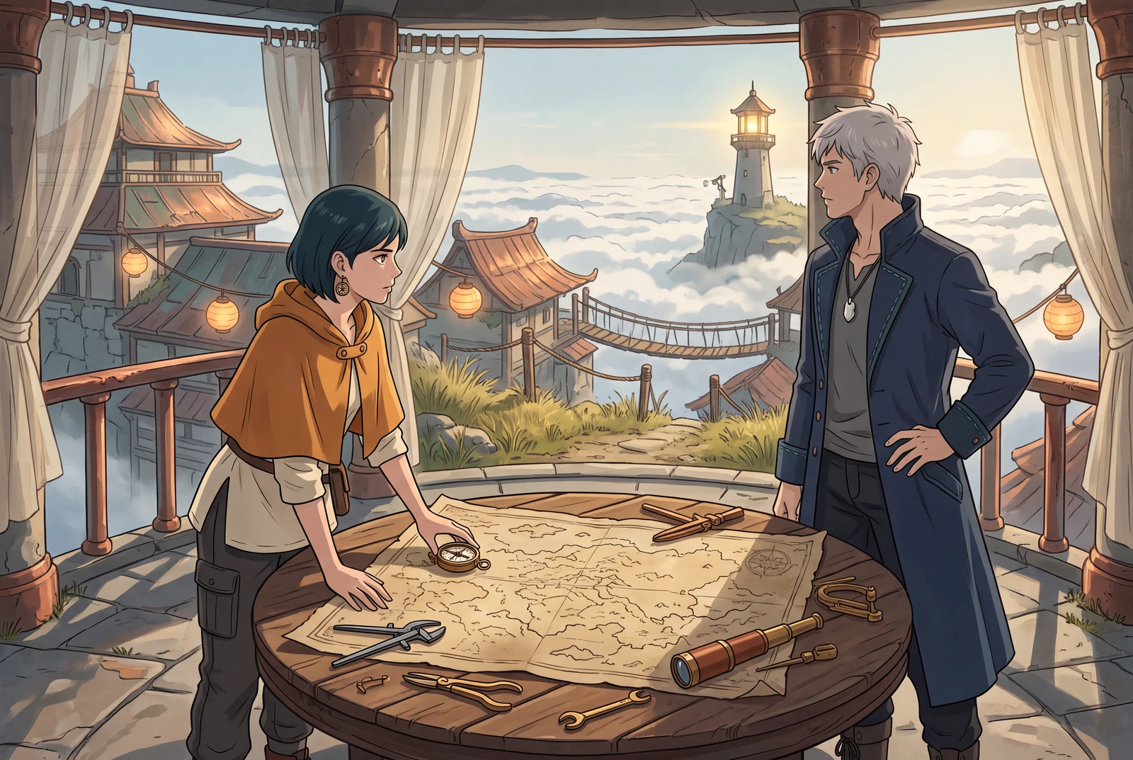 Mira and her companion study a map at a table overlooking an elevated harbor in an original anime story illustration.