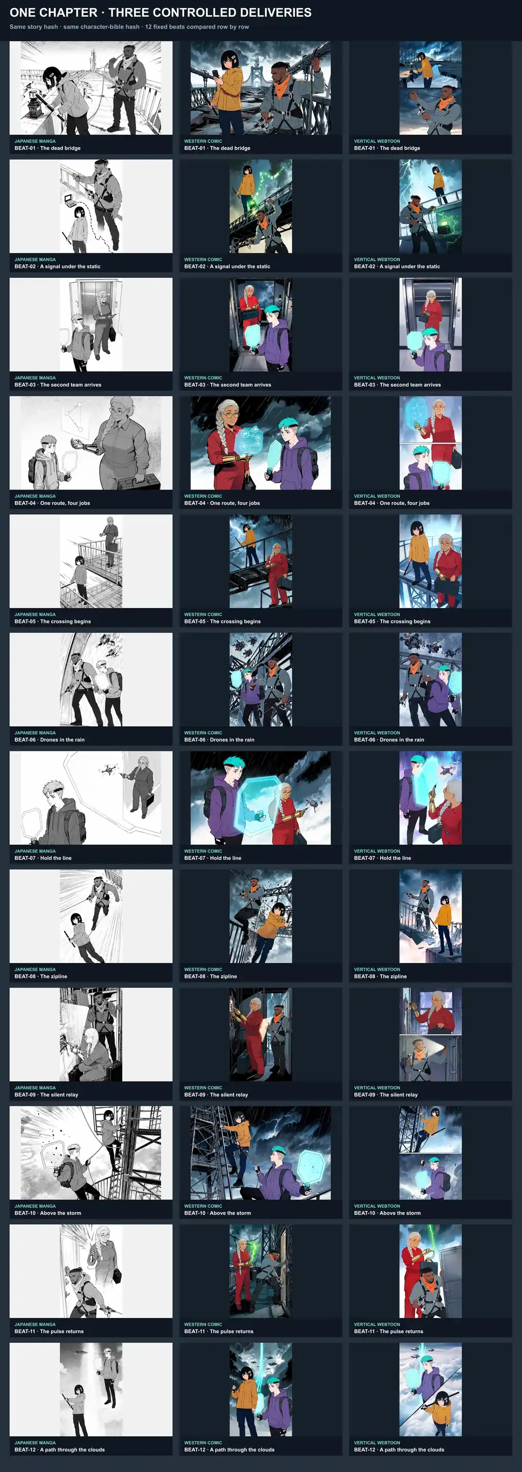 Original comparison board aligning 12 story beats across Japanese manga, Western comic, and vertical Webtoon