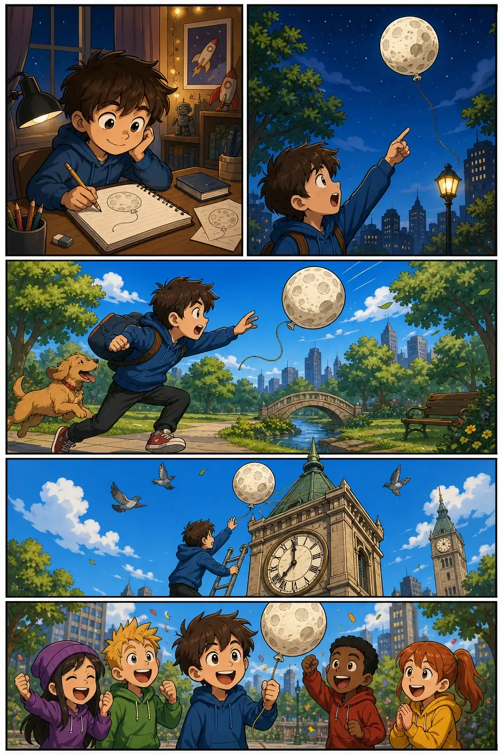 Cartoon comic page generated from a text story idea