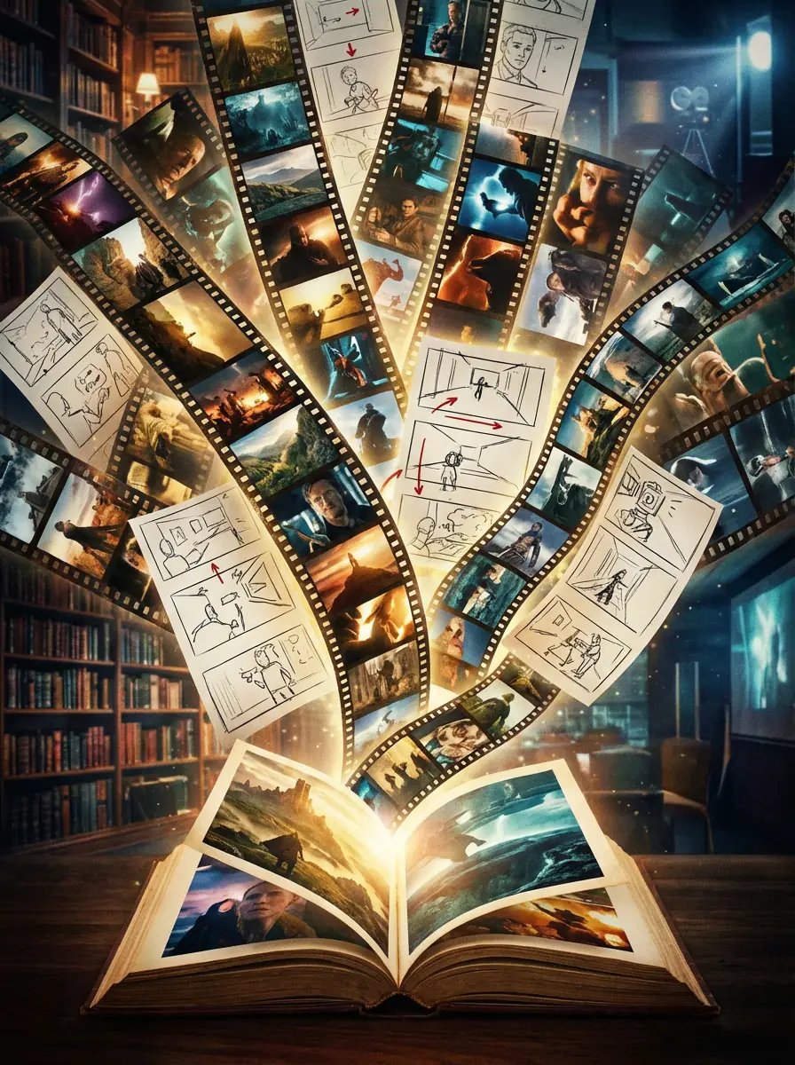 Open book becoming film scenes poster