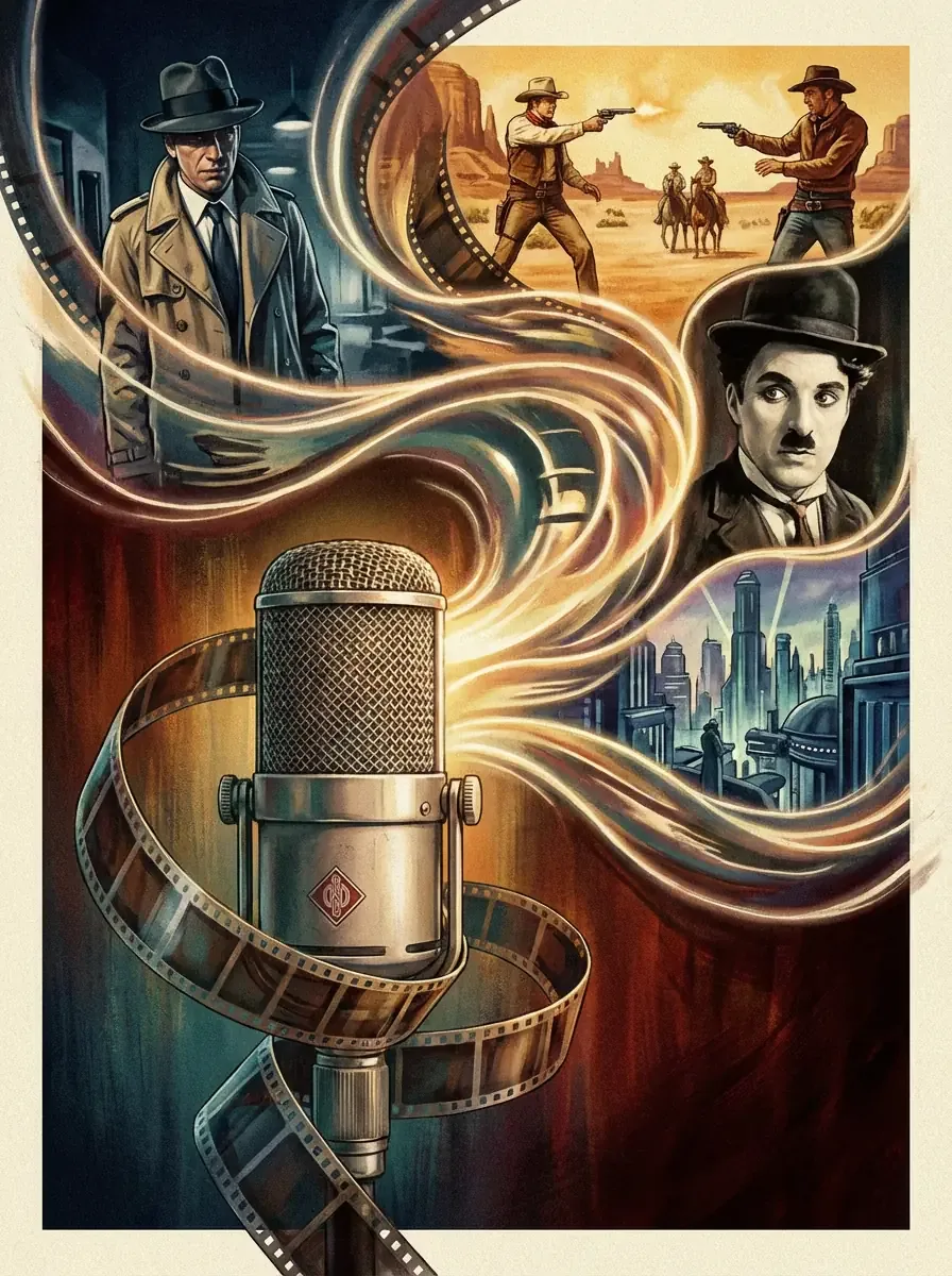 Studio microphone with cinematic sound waves poster
