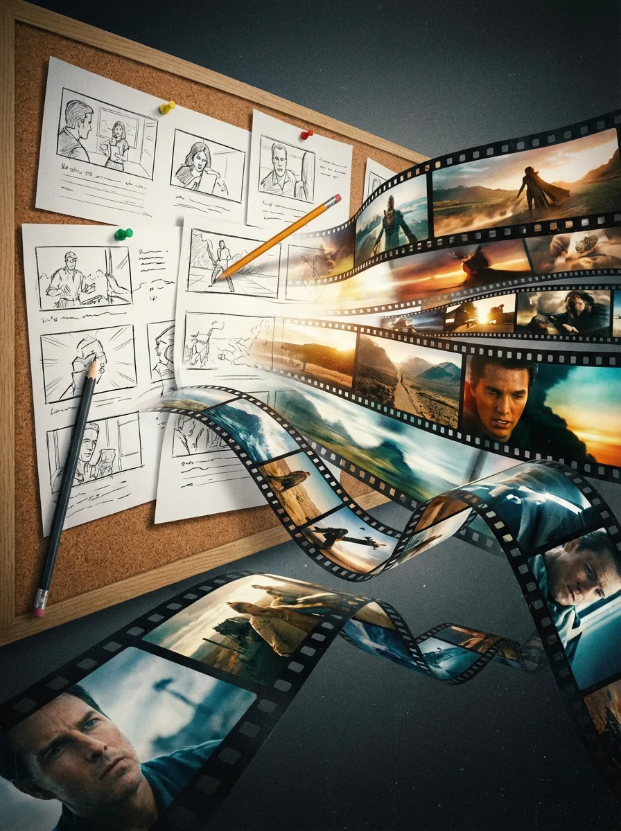 Storyboards transforming into movie scenes poster