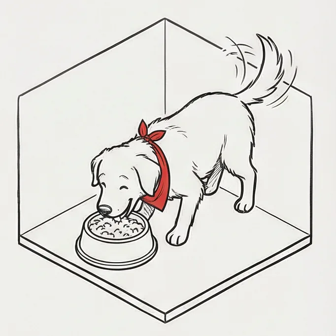 Max eagerly digs into his new meal, eating happily and energetically.