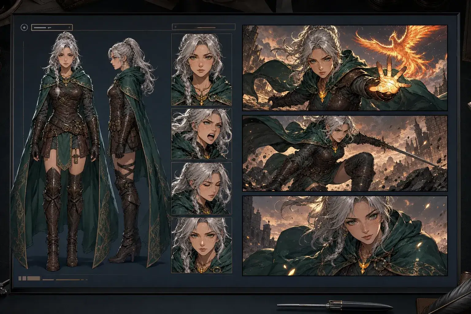 Character continuity board with consistent heroine design and comic panels