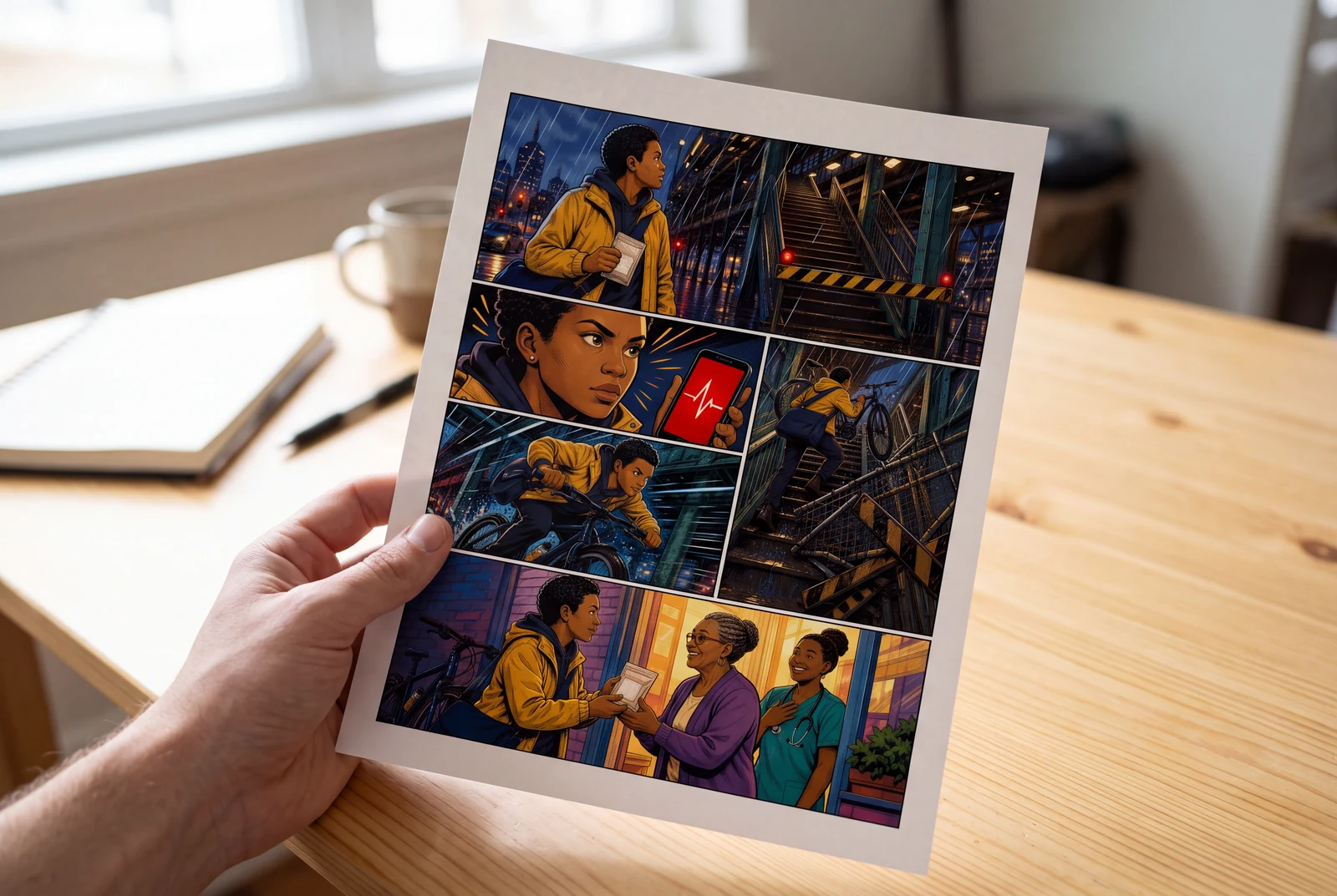 Rokas tur izdrukātu foto iedvesmotu komiksa lapu