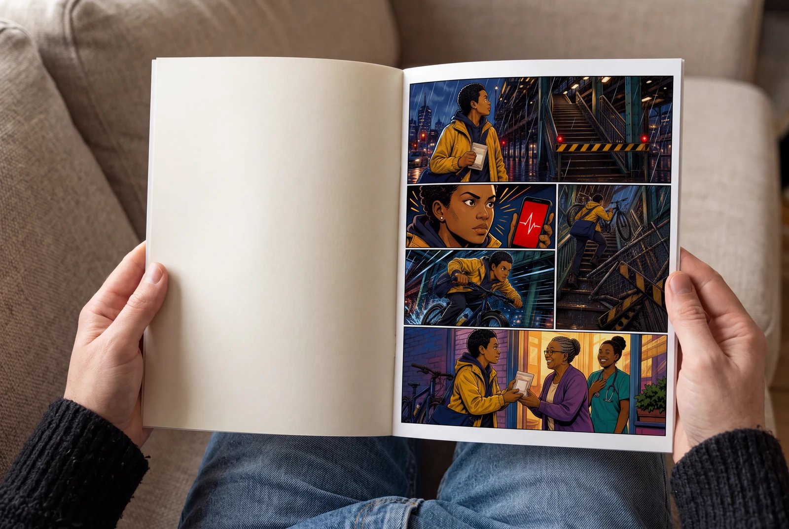 Foto iedvesmots komikss, ko lasa mājīgā mājas vidē
