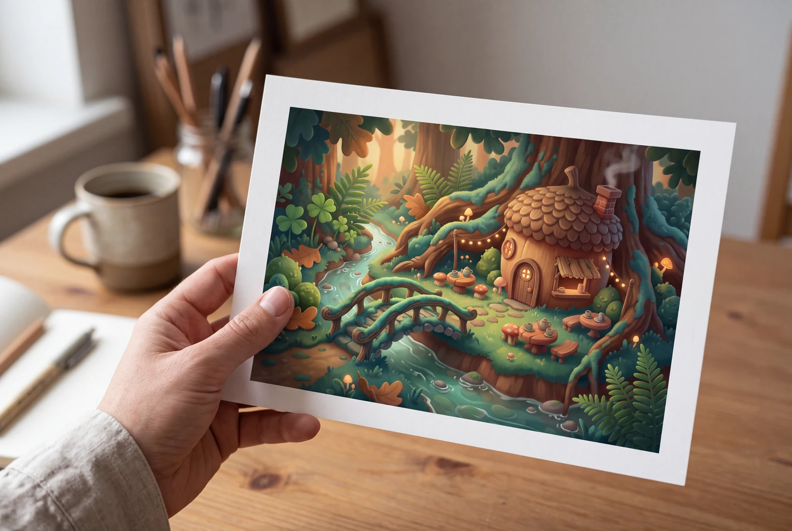 手持 3D 風格卡通場景的紙本印刷品